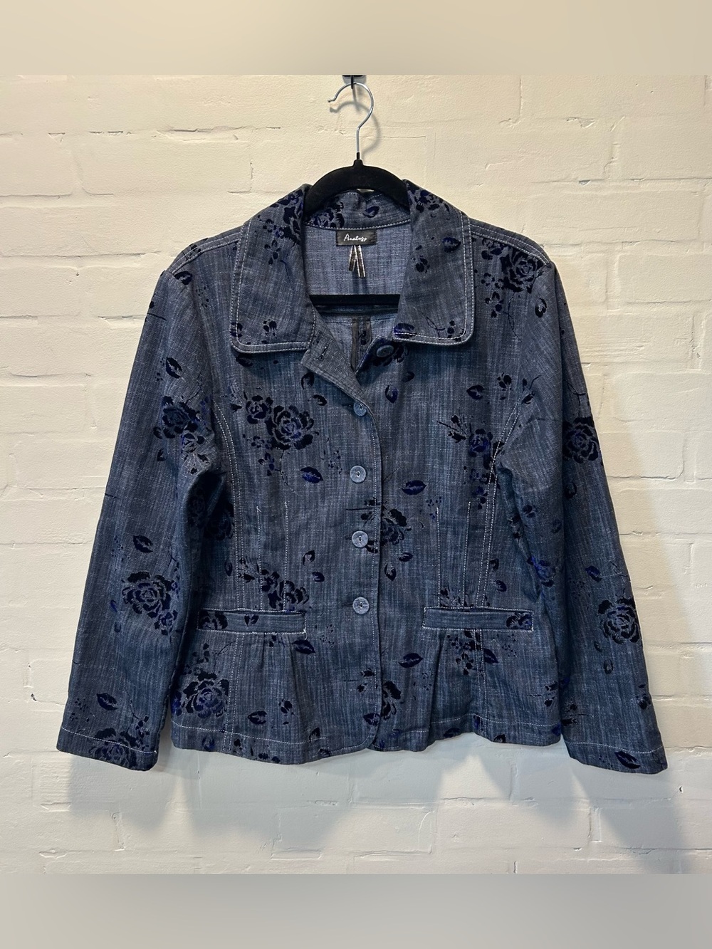 Analog Blue Flocked Floral Denim Blazer Jacket Roses Large Boho Cottagecore